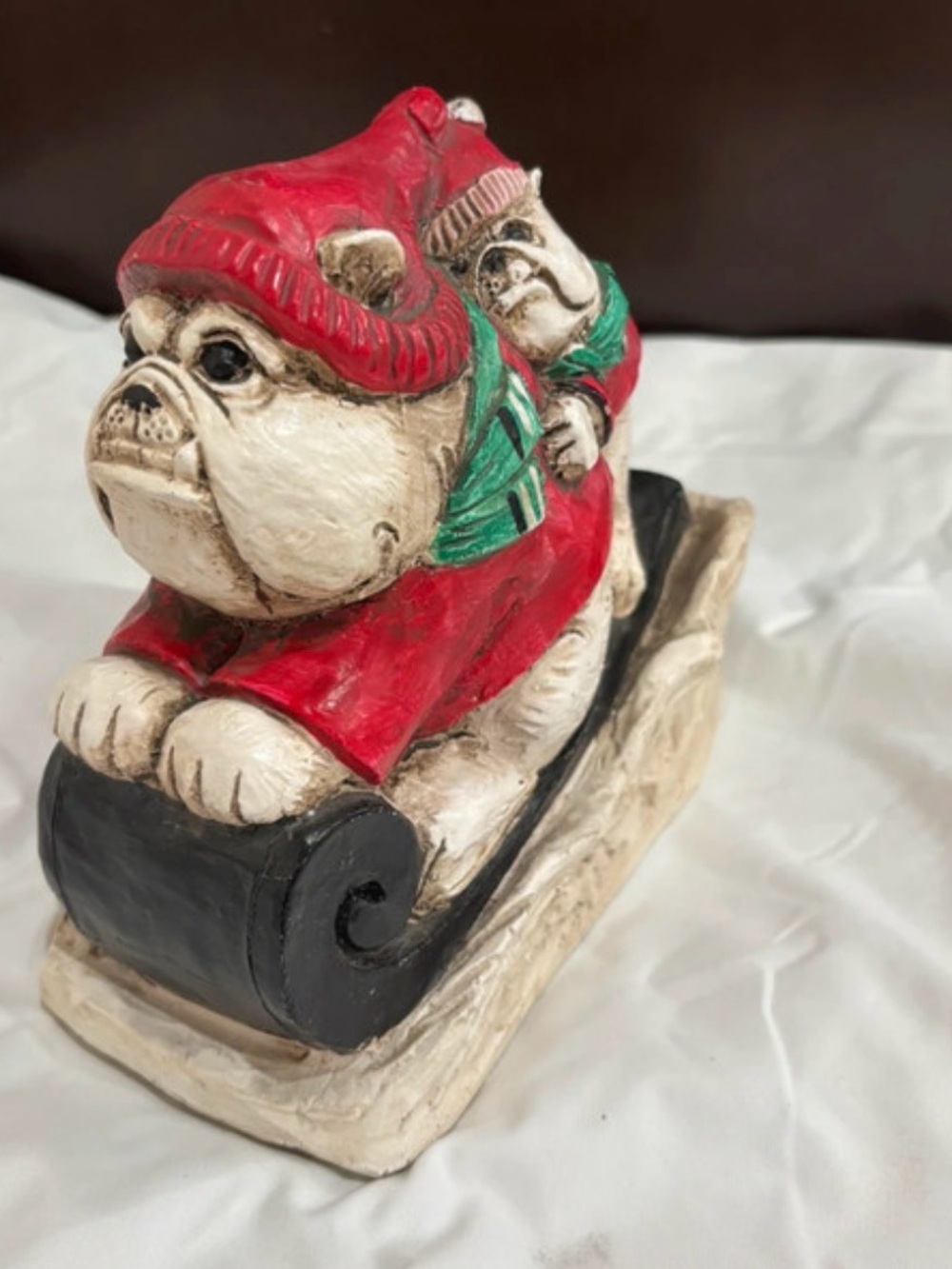 2004 Jene M Stein Christmas Bulldogs Sled Figurine Holiday Dog Decor 8”